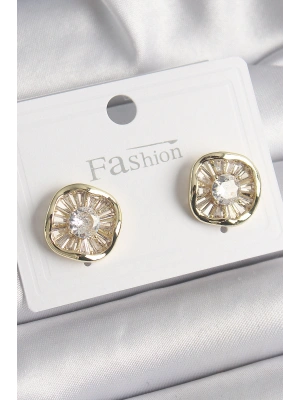 Pirinç Gold Renk Zirkon Taşlı Yonca Model Kadın Küpe