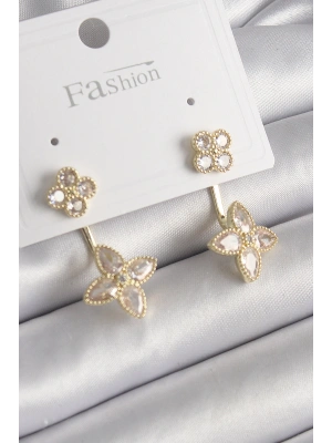Pirinç Gold Renk Zirkon Taşlı Yonca Model Kadın Küpe