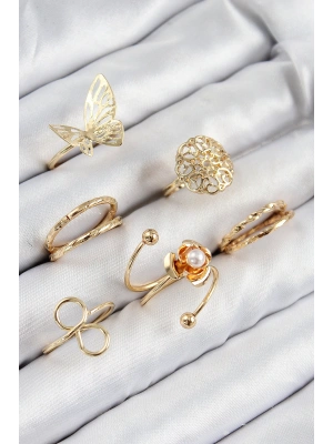 Pirinç Gül Kelebek Model Gümüş Renk Kadın Yüzük Kombin Set