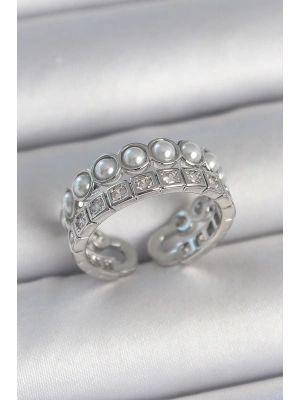 Pirinç Gümüş Renk 2Li Sıra Zirkon Taşlı Ve İncili Ayarlanabilir Kadın Yüzük