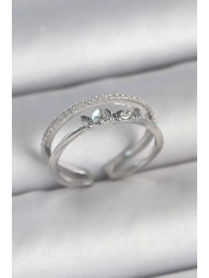 Pirinç Gümüş Renk 2Li Zirkon Taş Detaylı Kelebek Figür Ayarlanabilir Model Kadın Yüzük