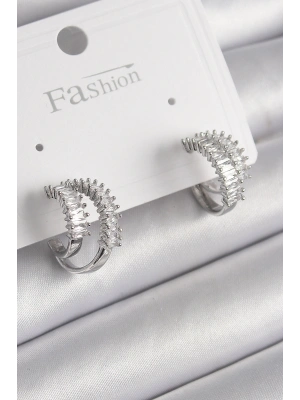 Pirinç Gümüş Renk 2Li Zirkon Taşlı Halka Model Kadın Küpe