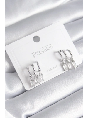 Pirinç Gümüş Renk 3lü Sallantı Zirkon Taşlı Küpe