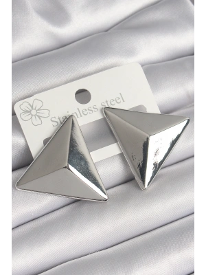 Pirinç Gümüş Renk 3D Üçgen Model Kadın Küpe