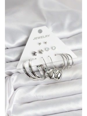 Pirinç Gümüş Renk 6 Çift Kadın Küpe Seti