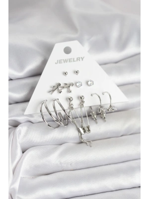 Pirinç Gümüş Renk 6lı Kadın Küpe Seti