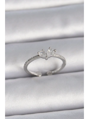 Pirinç Gümüş Renk Ayaralanabilir Zirkon Taşlı Kalp Model Kadın Yüzük