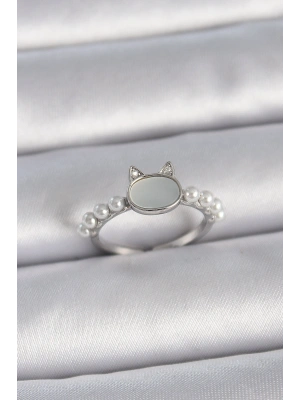 Pirinç Gümüş Renk Ayarlanabilir Beyaz Mineli Kedi Model İnci Detay Kadın Yüzük