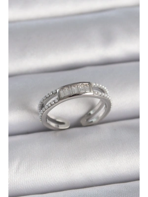 Pirinç Gümüş Renk Ayarlanabilir Sıralı İncili Zirkon Taşlı Kadın Yüzük