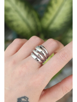 Pirinç Gümüş Renk Ayarlanabilir Tırtıklı Bombe Yüzük