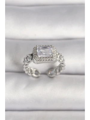 Pirinç Gümüş Renk Ayarlanabilir Zincir Kare Zirkon Taşlı Kadın Yüzük