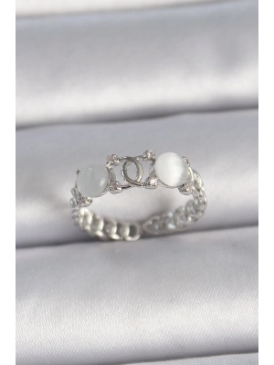 Pirinç Gümüş Renk Ayarlanabilir Zirkon Taşlı Beyaz Mineli Birleşik Halka Model Kadın Yüzük