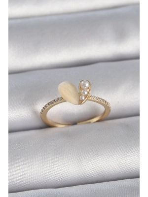 Pirinç Gümüş Renk Ayarlanabilir Zirkon Taşlı Beyaz Mineli Kalp Model Kadın Yüzük