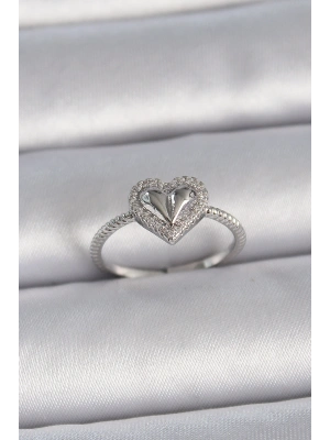Pirinç Gümüş Renk Ayarlanabilir Zirkon Taşlı Kalp Model Kadın Yüzük