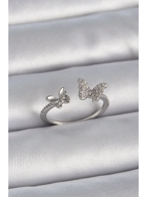 Pirinç Gümüş Renk Ayarlanabilir Zirkon Taşlı Kelebek Model Kadın Yüzük