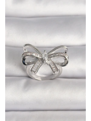 Pirinç Gümüş Renk Ayarlanabilir Zirkon Taşlı Kurdele Model Kadın Yüzük