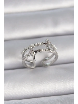 Pirinç Gümüş Renk Ayarlanabilir Zirkon Taşlı Kutup Yıldız İnci Detay Kadın Yüzük