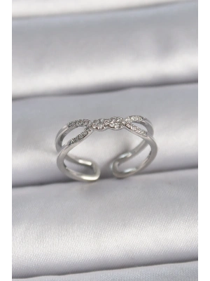 Pirinç Gümüş Renk Ayarlanabilir Zirkon Taşlı Sarmal Model Kadın Yüzük