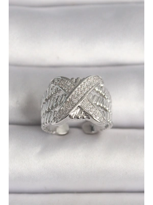 Pirinç Gümüş Renk Ayarlanabilir Zirkon Taşlı X Model Kadın Yüzük