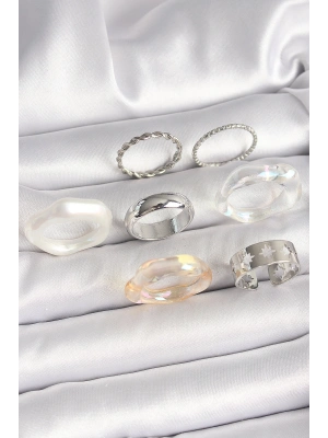 Pirinç Gümüş Renk Beyaz Akrilik Plastik Model Kutup Yıldız İşleme Detaylı Kadın Yüzük Kombini