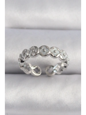 Pirinç Gümüş Renk Beyaz Sedefli Yonca Model Kadın Yüzük