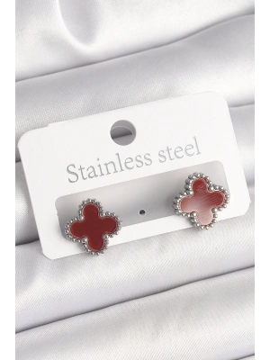 Pirinç Gümüş Renk Bordo Yonca Model Kadın Küpe