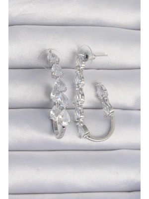 Pirinç Gümüş Renk Damla Zirkon Taş Tasarımlı Küpe