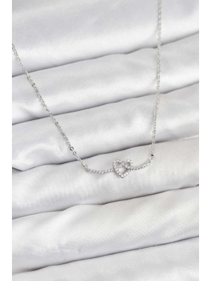 Pirinç Gümüş Renk Düğüm Kalp Model Kadın Kolye