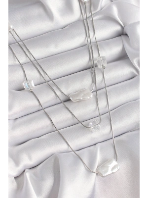 Pirinç Gümüş Renk Ezme İnci Model Çoklu Kadın Kolye