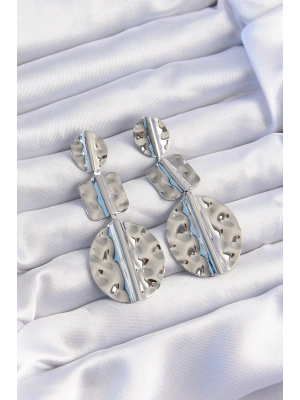 Pirinç Gümüş Renk Geometrik Ezme Plaka Küpe