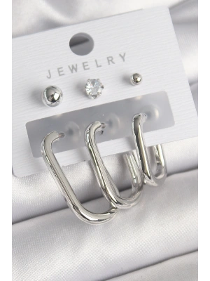 Pirinç Gümüş Renk Halka Model Zirkon Taşlı Topçuk Detay Kadın Küpe Seti