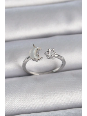 Pirinç Gümüş Renk İncili Hilal Zirkon Taşlı Yıldız Ayarlanabilir Kadın Yüzük