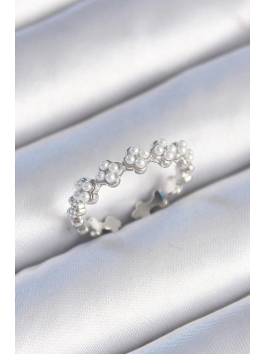 Pirinç Gümüş Renk İncili Yonca Model Kadın Yüzük