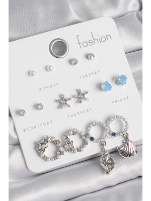 Pirinç Gümüş Renk İncli Zirkon Taşlı Halka Figür Yıldız Detay 7 Çift Kadın Küpe Seti