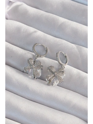 Pirinç Gümüş Renk İri Zirkon Taşlı Fiyonk Model Halka Küpe