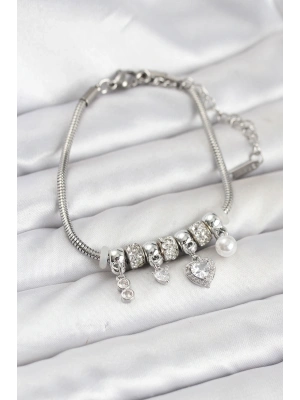 Pirinç Gümüş Renk Kalp Charmlı Kadın Bileklik