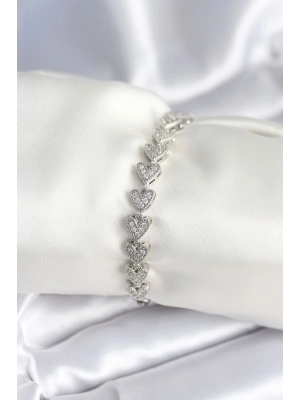 Pirinç Gümüş Renk Kalp Model Kadın Bileklik