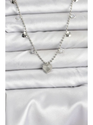 Pirinç Gümüş Renk Kalp Model Kadın Kolye