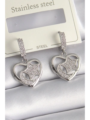 Pirinç Gümüş Renk Kalp Model Zirkon Taşlı Ay Yıldız İşlemeli Kadın Küpe