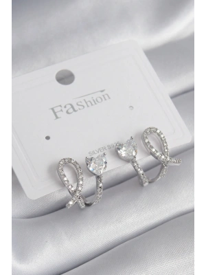 Pirinç Gümüş Renk Kalp Model Zirkon Taşlı Kadın Küpe