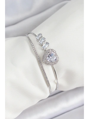 Pirinç Gümüş Renk Kalpli Zirkon Taşlı Kadın Bileklik