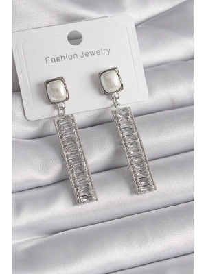 Pirinç Gümüş Renk Kare İnci Zirkon Taşlı Su Yolu Model Kadın Küpe