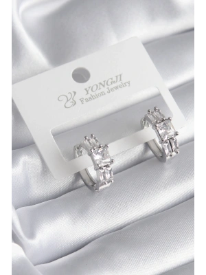 Pirinç Gümüş Renk Kare Zirkon Taşlı Kadın Küpe