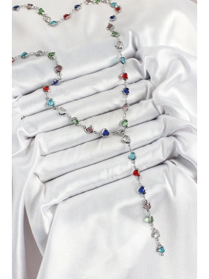 Pirinç Gümüş Renk Karışık Renk Zirkon Taşlı Kalpli Y Kadın Kolye