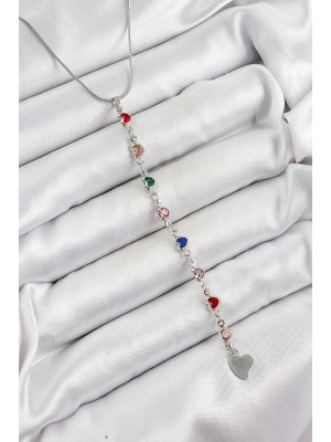 Pirinç Gümüş Renk Karışık Renk Zirkon Taşlı Kalpli Y Kadın Kolye