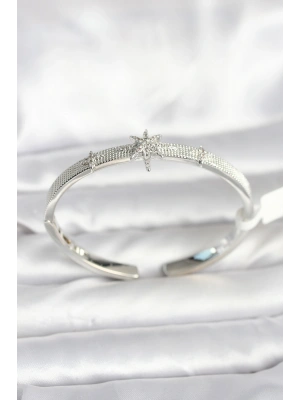 Pirinç Gümüş Renk Kutup Yıldızı Model Kadın Kelepçe Bileklik