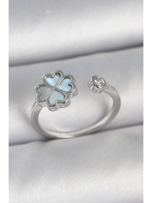 Pirinç Gümüş Renk Mavi Mineli Yonca Model Zirkon Taş Detay Ayarlanabilir Kadın Yüzük