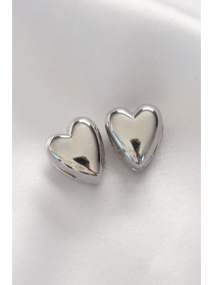 Pirinç Gümüş Renk Minimal Bombeli Kalp Küpe