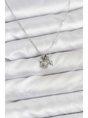 Pirinç Gümüş Renk Minimal Charmlı Kadın Kolye