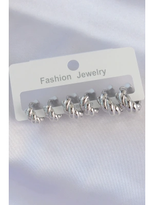 Pirinç Gümüş Renk Minimal Tırtıklı Küpe Seti